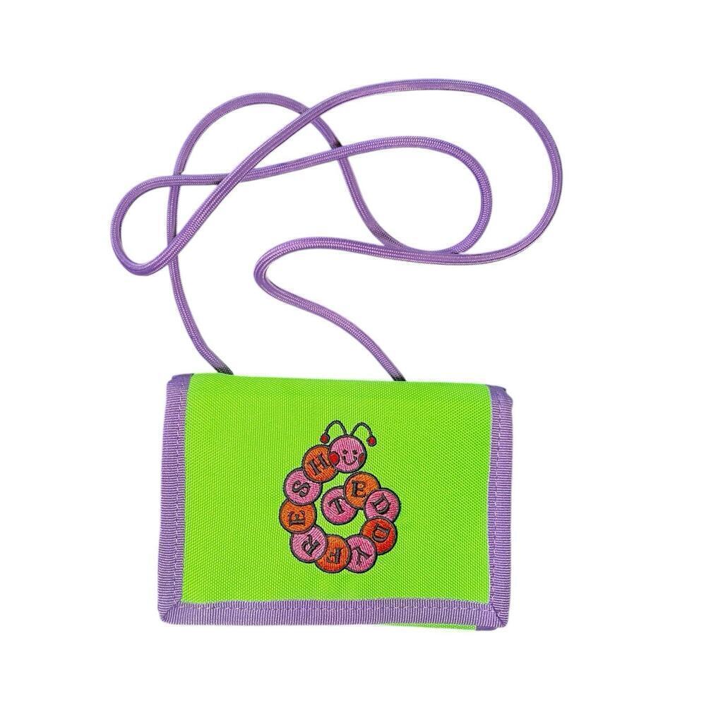 Teddy Fresh Caterpillar Wallet – Green & Purple Nylon Trifold with Strap